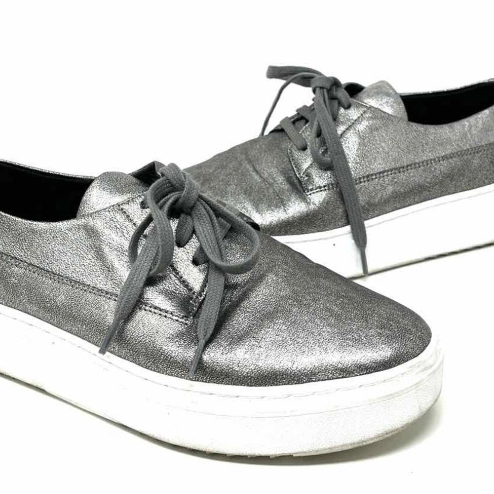 Eileen Fisher Women's Pewter Lace-up Leather Metallic Platform Size 8 Sneakers